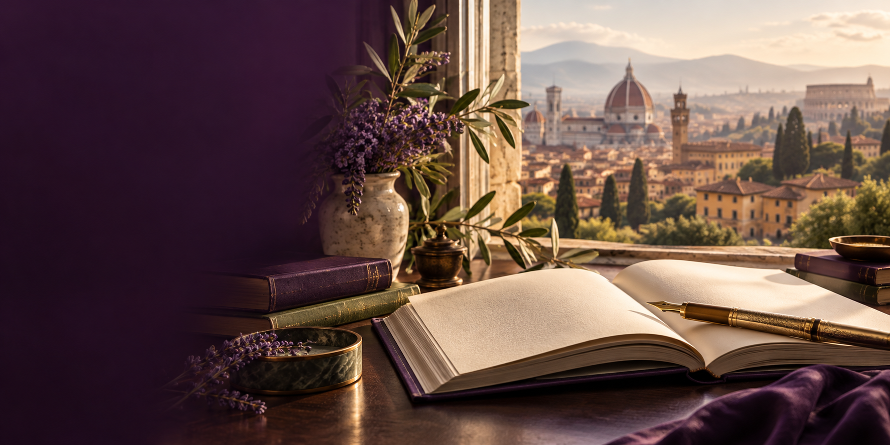 Un libro aperto e una penna stilografica davanti a un paesaggio italiano, immagine illustrativa